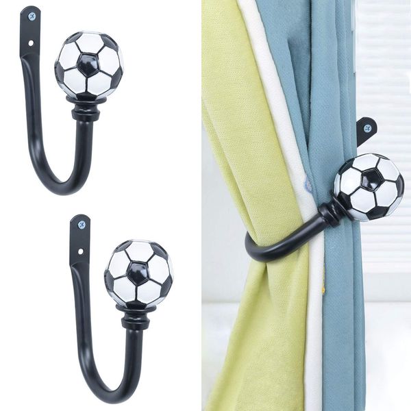 UFURMATE Curtain Holdback, 2Pcs Resin Ball Curtain Drapery Holdbacks Metal U Shaped Curtain Hooks Decorative Wall Mounted Football Drapery Tiebacks for Living Room, Bedroom Decor (Black)