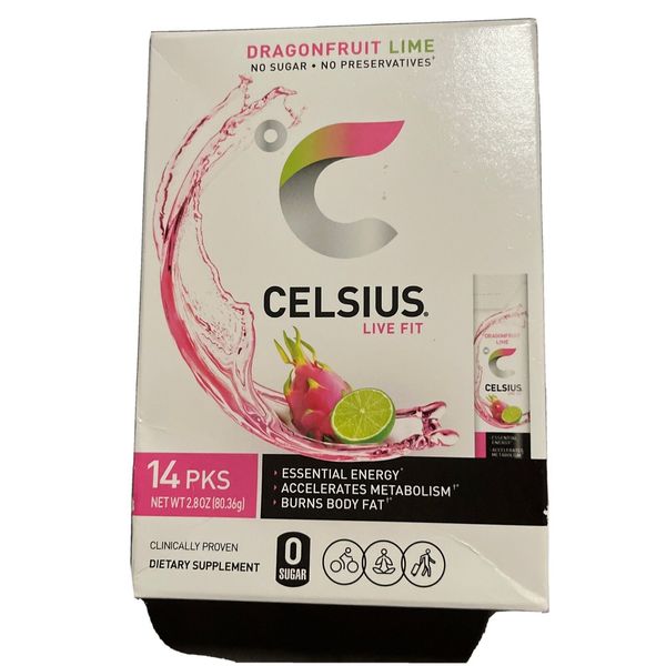 CELSIUS On-The-Go Essential Energy Powder Packs, Dragonfruit Lime (Pack of 14)