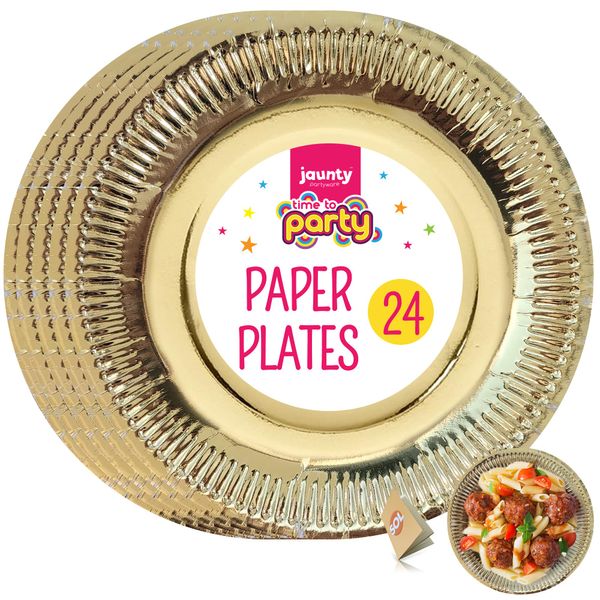 SOL 24pk Gold Paper Plates | Gold Party Plates for All Occasions | Gold Plates for Christmas, Birthdays, Wedding Celebration | Gold Disposable Plates Paper Plates Party Gold Party Tableware + Sticker