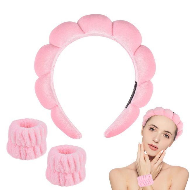 Rosa Haarreifen Damen mit 2 Handgelenk Waschband, Headband Damen & Make Up Haarband, Wrist Wrap - Flauschige und Wasserabsorption, Niedlich Stirnband Kosmetik, Gesichtsleitungen ändern