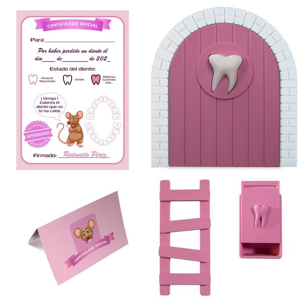 Myfuturshop® Children's Door to Leave Baby Teeth to Perez Mouse Original Gift for Boy and Girl Contains Tooth Box, Ladder and 4 Clean Tooth Certificates (Pink)