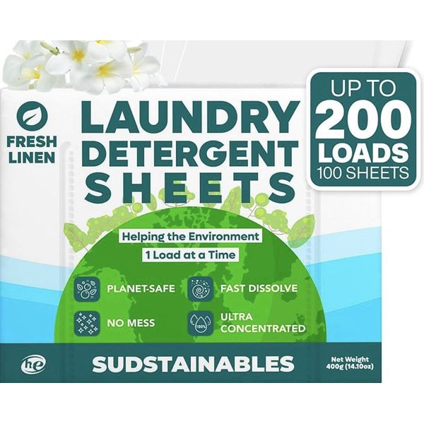 Natural Laundry Detergent Sheets. 200 Loads. Eco Friendly, Fresh Linen Scent