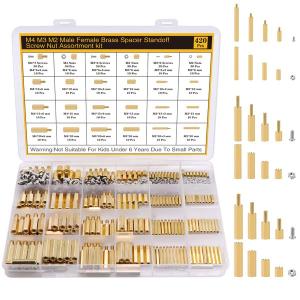 Csdtylh 420Pcs M2 M3 M4 Motherboard Standoffs&Screws&Nuts Kit, Hex Male-Female Brass Spacer Standoffs, Laptop Screws for DIY Computer Build, Electronic Projects, Raspberry Pi, Circuit Board etc.