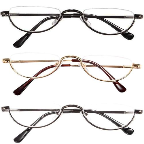 KoKoBin 3 Pack Half Frame Reading Glasses Spring Hinges for Men Women Slim Half Moon Lens Readers Metal Semi Rimless Eyewear +2.0
