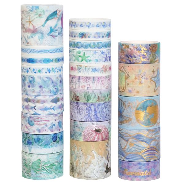 24Rollen Ozeanhymne Washi-Tape Set mit Heißprägung,2m pro Rolle, Dekoband für Kinder, Scrapbooking, Fotoalben, Geschenkverpackung, Organizer, Journaling und mehr, DIY Sticker für Washi Tape Liebhaber