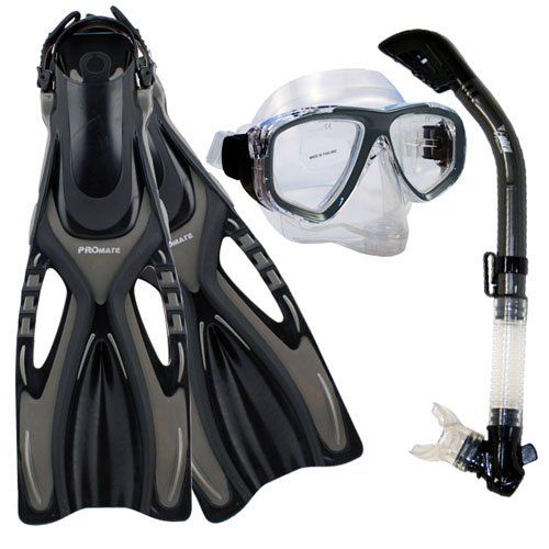 Promate Snorkeling Scuba Diving Purge Mask Snorkel Fins Gear Set, Titanium, ML/XL