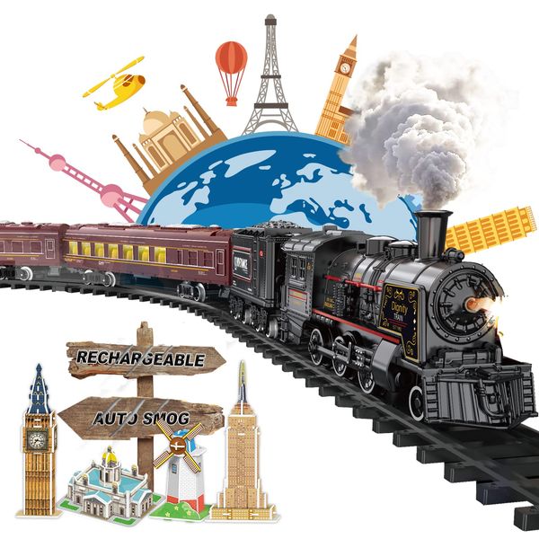 Electric Train Sets for Boys Girls Metal Alloy Christmas Trains Toys Steam Locomotive, Passenger Carriages, Tracks, Light & Sounds Rechargeable Birthday Gifts for Kids 3 4 5 6 7 8 + Years Old Red