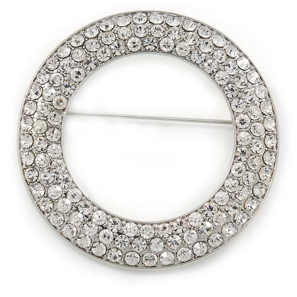Clear Austrian Crystal Open Cut Circle Brooch In Rhodium Plating - 50mm