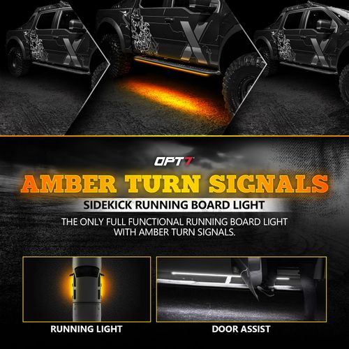 OPT7 Sidekick 48" Running Board Lights 2PCS LED Strips w/Amber Turn Signal, DRL, White Courtesy Light for Regular Cab Trucks Pickup SUV Trailer