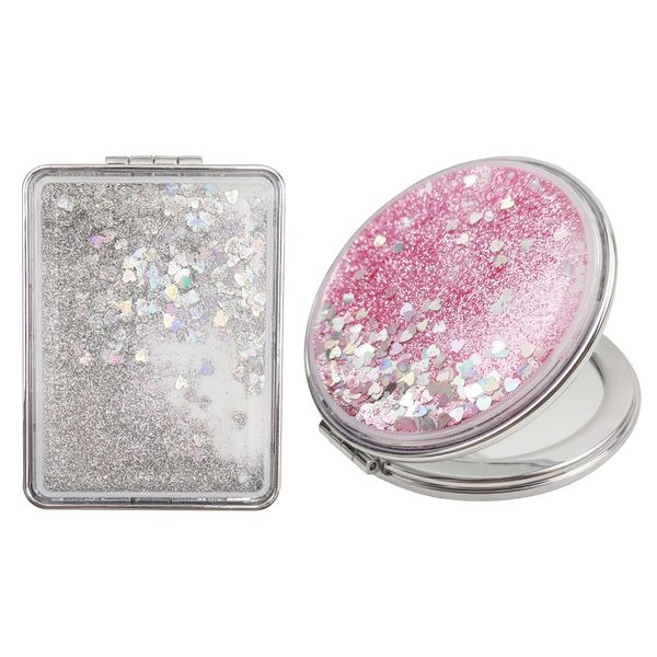 WACH AUF 2 Pieces Compact Mirror Foldable Little Makeup Mirror Handbag Compact Magnifying 2x Portable Travel Small Pocket Mirrors for Women Round,Square (Silver, Pink)