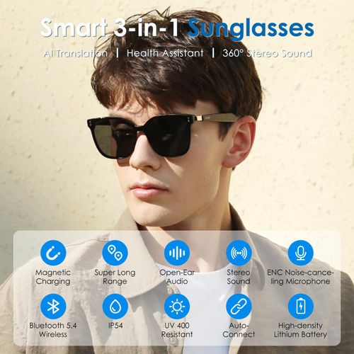 GetD Wireless Bluetooth Sunglasses for Men and Women,Smart Sunglasses Open Ear Voice Control and Calling with Speakers,Smart Audio Glasses with AI Assistant &Translation for Traveling Driving