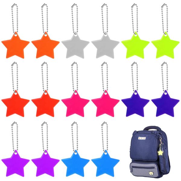 OSDUE Safety Reflector Pendant, 16 Pcs Star Safety Reflector with Chains, High visibility and safety at nigh, Waterproof Safe Pedestrian Bag Pendant for School Bag Backpack Cycling Walking Running