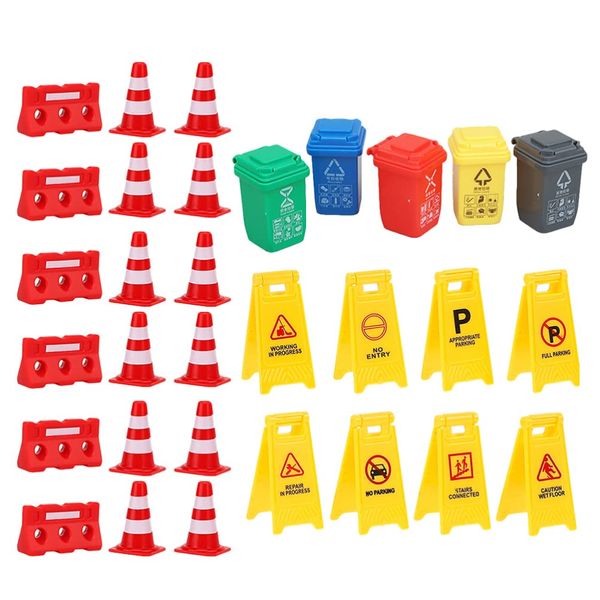 TOYANDONA 31Pcs Road Signs for Kids, Miniature Plastic Traffic Cones Mini Barrel Roadblocks Toys Set Educational Playset Pieces for Boys& Girls