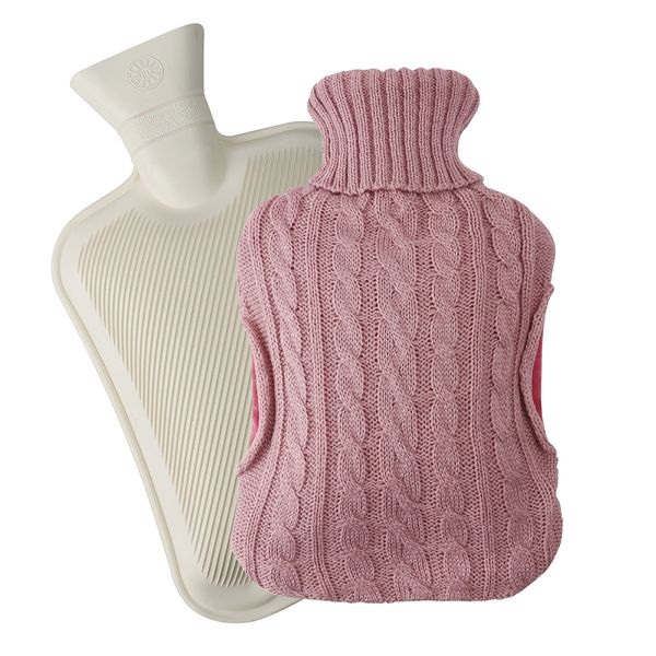 Marco Paul Hot Water Bottle with Knitted Cover 2 Litre Hot Water Bag Winter Warmer Faux Fur Back Pain Relief Neck Pain Relief Chronic Pain Period Pain Relief Leakproof Durable Safe (Pink)