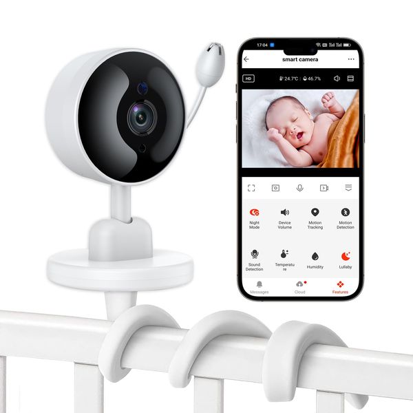 FOUKWAKC Baby Monitor with Camera and Audio, 2K WiFi Indoor Video Baby Camera with Mount, Motion & Cry Detection, Temp & Humidity Sensor, Night Vision, 2 Way Audio, 4 Lullabies, APP Control