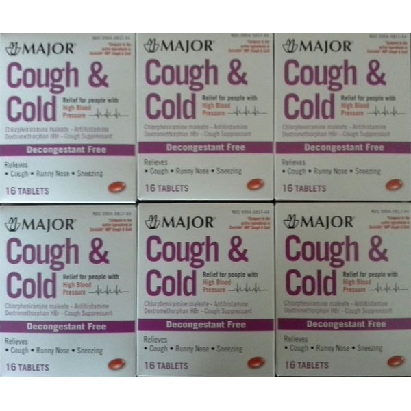 Major Cough & Cold HBP Antihistamine Suppressant Tablets for People with High Blood Pressure, 16-Count Boxes (6 Pack)