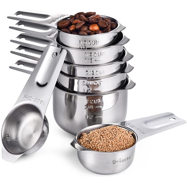 U-Taste 18/8 Stainless Steel Measuring Cups Set of 7, Wide Handle for Dry and Liquid Ingredients, 30ml 60ml 80ml 120ml 160ml 180ml 240ml (Silver）