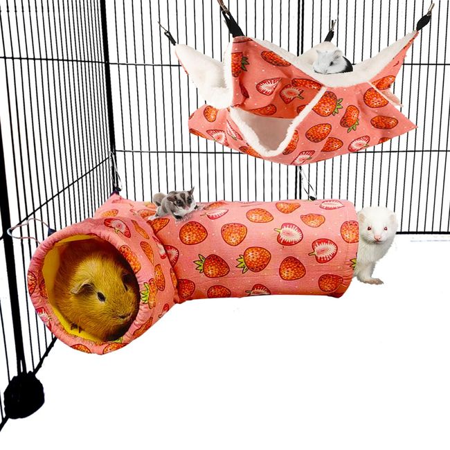 LEFTSTARER Pet Small Animal Hanging Hammock Ferret Bunkbed Cage Toy for Hamster Rat Sugar Glider Parrot Guinea Pig Hideout Play Sleep (Strawberry)