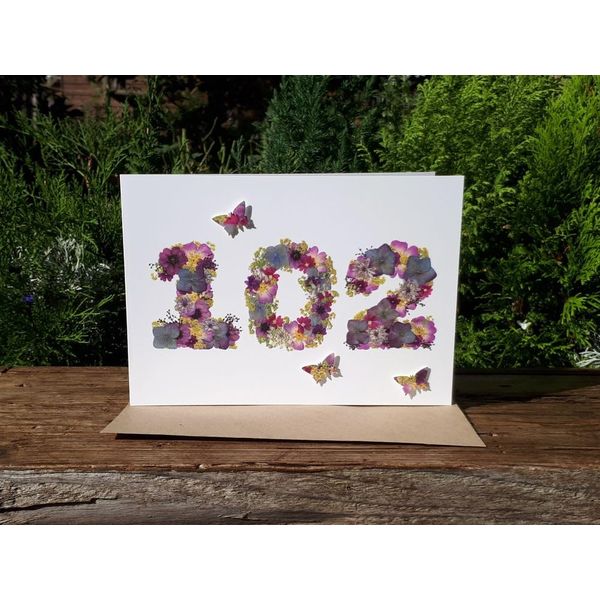 Personalised 102 Birthday Card, Pressed Flower PRINT