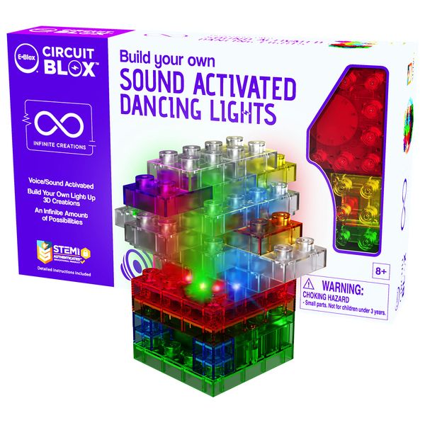 E-BLOX Build Your Own Sound Activated Dancing Lights STEM Kit, Reacts to Voice & Dances to Music, Building Blocks Circuit Toy Set for Kids, Birthday Gift, Boys, Girls, 5+