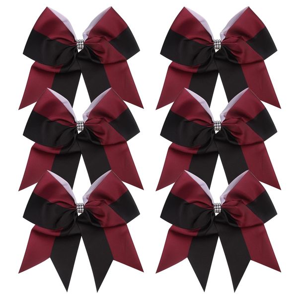 Cheerleader Bows 8 Inch Comb Color Ponytail Holder with Bling Fling Rhinestones Hair Tie Cheerleading Bows 6 Pcs (Black/Maroon)