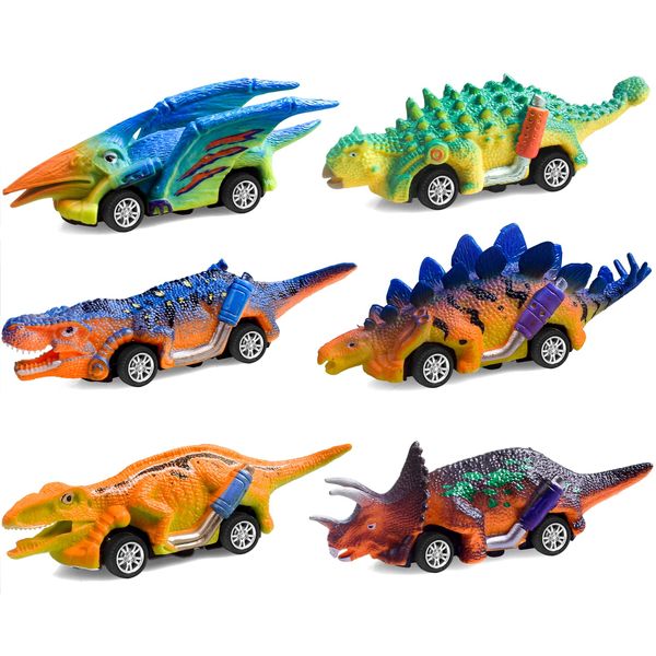 FFTROC Dinosaur Toys for Kids 3-5 Pull Back Cars 6 Pack - Monster Trucks Toys for 3 4 5 Year Old Boys Toys Birthday