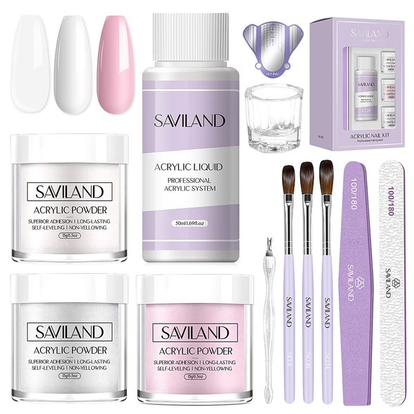 SAVILAND Acrylic Nail Kit for Beginners: Professional Nails Kit Acrylic Set 15g Clear/White/Pink Acrylic Powder and Liquid Monomer Set with Acrylic Nail Brush Nail Forms Dappen Dish Gift Set