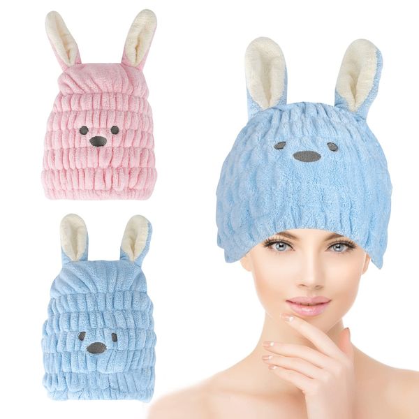 2 Pieces Dry Hair Hat Hair Drying Towels for Women Microfiber Dry Hair Cap with Cute Rabbit Ears Quick Drying Bath Cap Cartoon Hair Turbans Twist Super Absorbent Hair Towel Hair Wrap for Women Girls