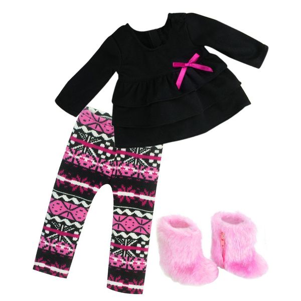 Sophia's Mix & Match Ikat Print Knit Leggings, Long-Sleeved Ruffle Top, & Fuzzy Boots Complete Outfit Set for 18” Dolls, Hot Pink/Black