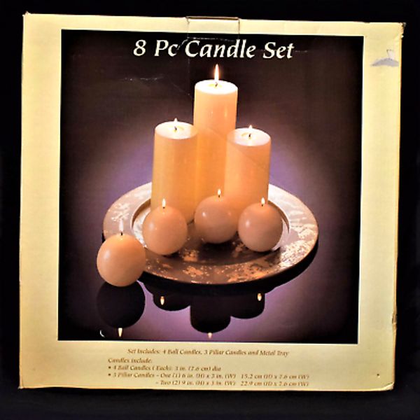 8 PC Candle Set (4 Balls, 3 Pillar Candles & a Metal Tray) W/Box