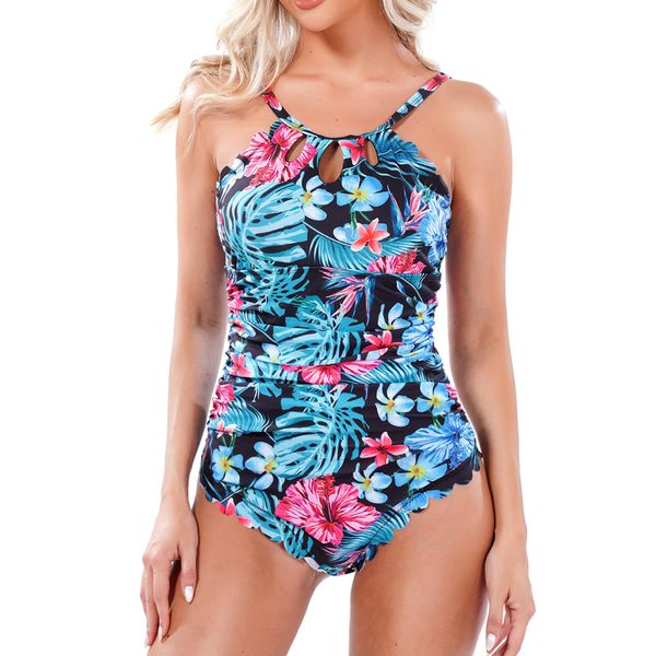 Aottori Badeanzug Damen Bauchweg Bademode Einteilige Push Up Schwimmanzug Rundhals Sexy Beachwear One Piece Swimsuit Sommer Schwarz/Blatt XL