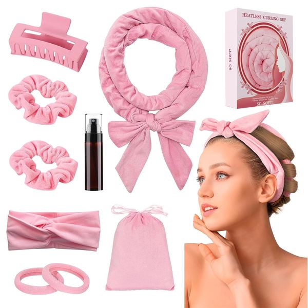 Lockenwickler über nacht,Locken Ohne Hitze,Heatless Curls Band Velvet Overnight with Hairpin Non-Slip, Overnight DIY Hair Curler No Hea Set Hairband Wave Formers for Medium Long Hair(Rosa)