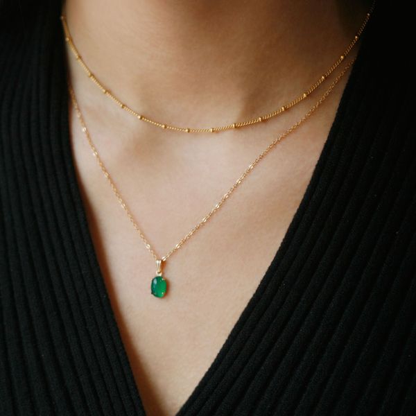 14k Gold Filled Green Onyx Natural Stone Oval Pendant Necklace