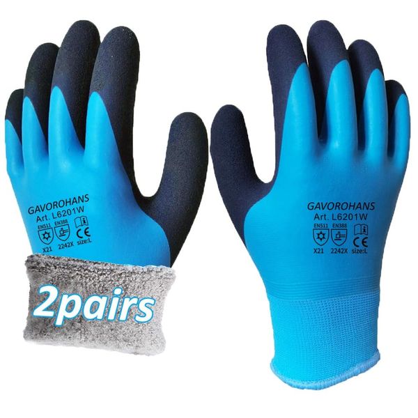 GAVOROHANS 2 Pairs Waterproof Thermal Winter Work Gloves Polar Fleece Liner Superior Grip Double Latex Coating for Maintenance Garden Logistics Warehousing in Cold Weather Outdoor Activities