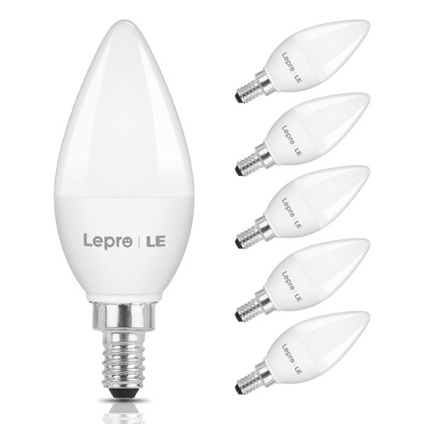 Lepro E12 LED Candelabra Light Bulbs, 5000 Kelvin Daylight White 5.5 watt, 40 watt Equivalent B11 C37 Ceiling Fan Bulb Chandelier Bulbs, Type B Small Base Candle Lights, 6-Pack, Plastic, Not-dimmable