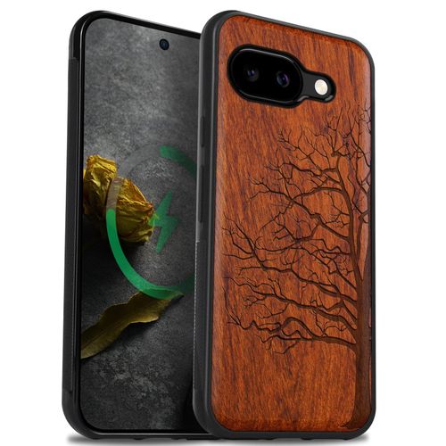 Carveit Magnetic Wooden Case for Google Pixel 9a Case, Wood Artisan Engraved & Soft TPU Shockproof Cover, Compatible with MagSafe Wireless Chargers (Eternal Tree) Rosy