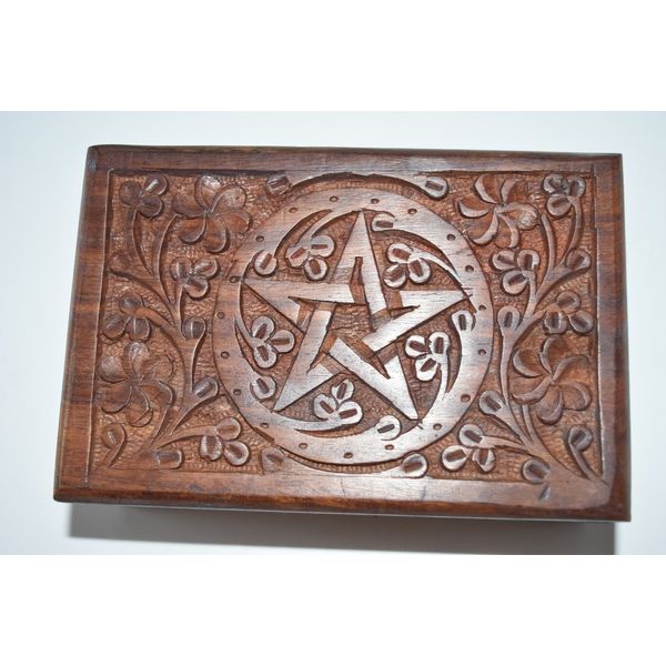 Nature's Enlightenment Pentacle Carved Wooden Box #2- Tarot Cards, Crystals, Altar Supplies,