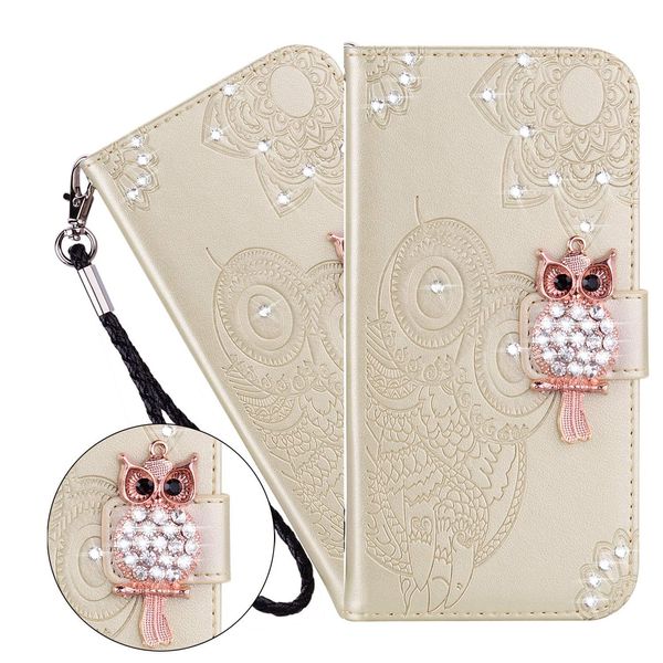 LEMAXELERS iPhone XS/iPhone X Hülle,iPhone XS Handyhülle Glitzer Diamant Eule Blume Prägung Flip Case PU Leder Cover Magnet Schutzhülle Tasche Skin Ständer Handytasche für iPhone XS,YK Owl Gold