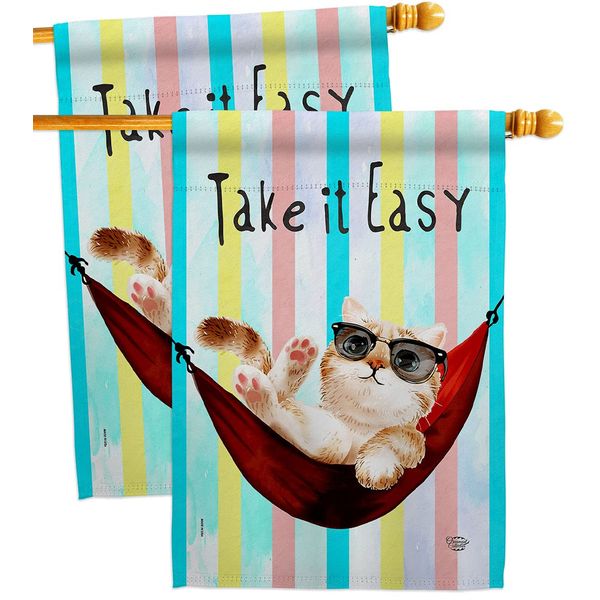 Ornament Collection Take it Easy House Flag 2 pcs Pack Cat Kitten Meow Spoiled Paw Fur Pet Nature Farm Animal Creature Decoration Banner Small Garden Yard Gift Double-Sided, Made in USA