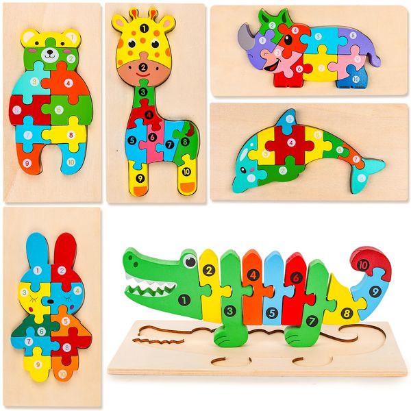 LovesTown 6 Sets of Wooden Puzzles for Kids, Toddler Number Puzzles Cute Animal Wooden Puzzles Wooden Building Blocks for Kid Preschool Ideal Gift