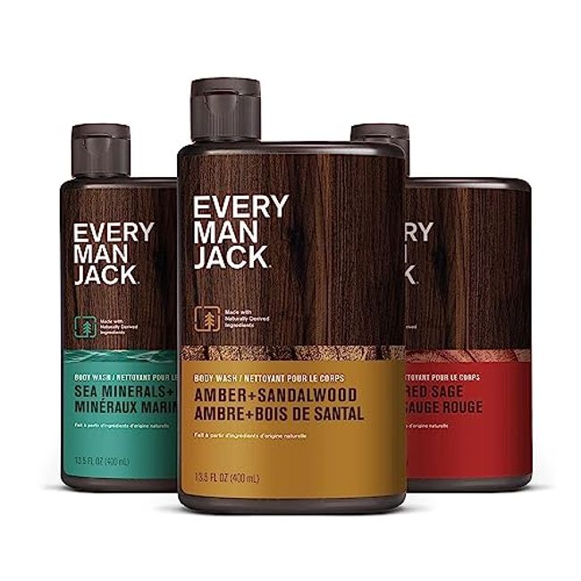 Every Man Jack Men's Body Wash Variety Pack - Includes 3 Body Washes with Natural Ingredients & Incredible Scents - Amber + Sandalwood, Cedar + Red Sage, Sea Minerals + Citron Fragrances