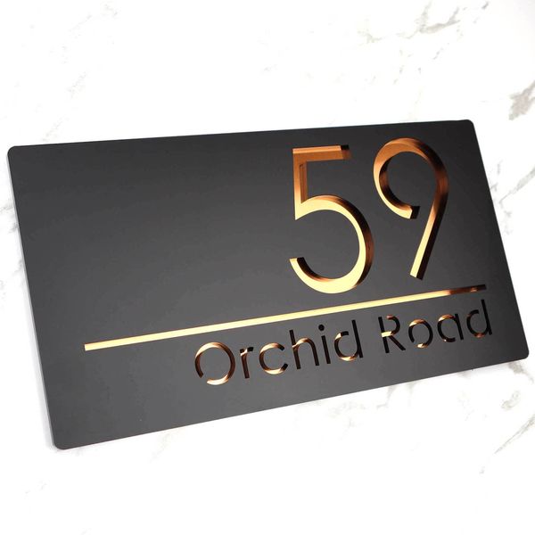 K Smart Sign | Bellissima H1 | Laser Cut Matt Black & Copper Mirror Floating Perspex House Signs Plaque Address Door Number | 300mm x 160mm