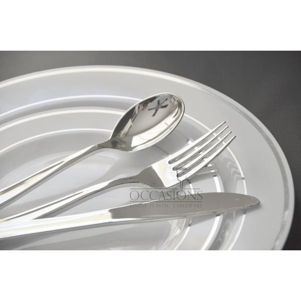 " OCCASIONS " Wedding Party 9'', 7.5'', 6'' disposable plastic plates and silverware combo (120, White w/silver rim)