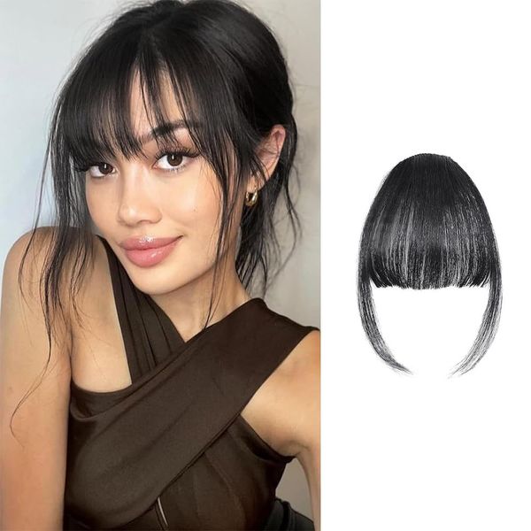 FFWTPY Haarschmuck Bangs Clip Remy Echthaar Fringe mit Schläfen One Piece Haarteil Extensions Natürliche Bang with Tempel Haarteile Haarverlängerung für Frauen (Schwarz)