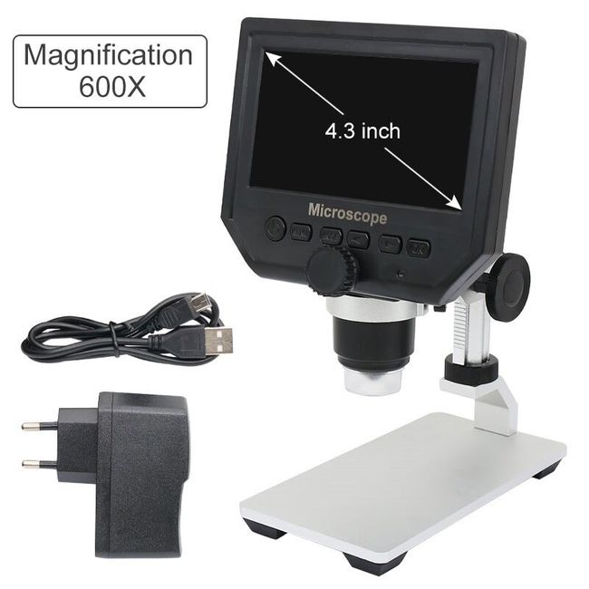 Digital Portable 1-600X 3.6MP 4.3inch HD OLED Display Microscope Continuous  Magnifier with Aluminum Alloy Stand