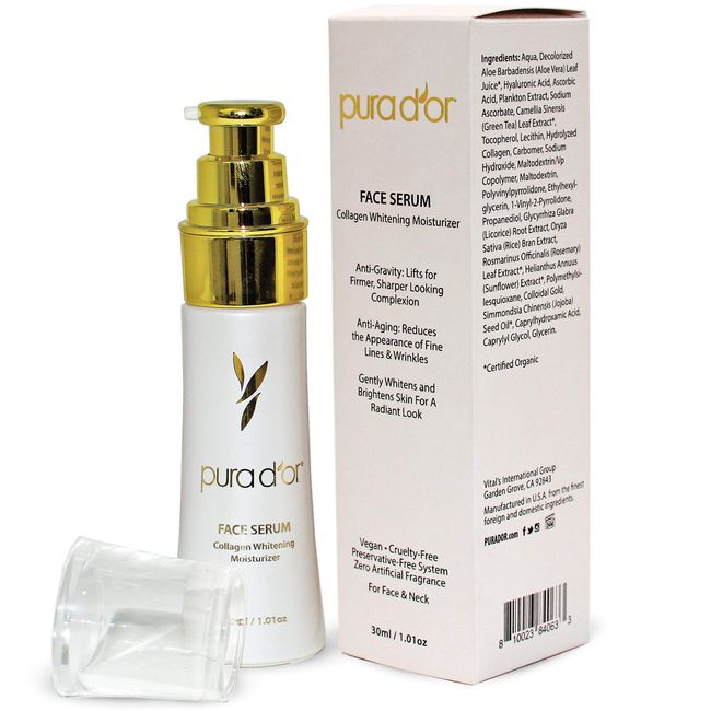 PURA D'OR Face Serum Collagen Whitening Moisturizer (30mL)-Whitens & Brightens Skin For Radiant, Firmer, Sharper Looking Complexion, Reduces the Appearance of Fine Lines & Wrinkles- For Face & Neck