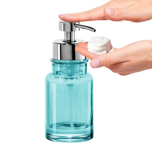 OGGI Glass Foaming Soap Dispenser - 10oz Capacity, Round, Heavy Glass - Stylish Refillable Foaming Hand Soap Dispenser, for Bathroom and Kitchen, Aqua/Chrome