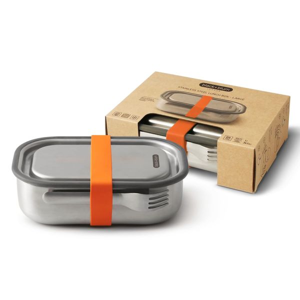 Black+Blum Stainless Steel Bento Lunch Box with Compartments | 3-in-1 Meal Prep Insulated Food Container for Adults & Kids | Vacuum Lock, Silicone Seal & Fork | Orange, 1L / 34 fl oz