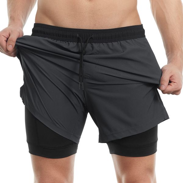 MaaMgic Herren Badehose lässige Badeshorts mit Kompression 2 in 1 | 5.5" Schnelltrocknend Swim Shorts Kurz Strandhose für Männer Mit Innenhose XS - XXL,Grau Schwarz 5.5,L