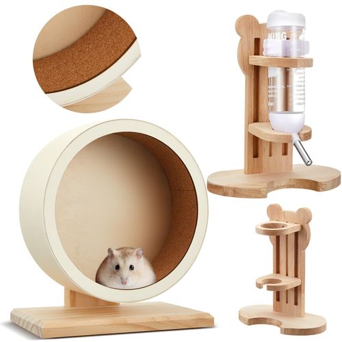 Sonwyoung 2 Pcs 7.9" Wooden Hamster Wheels and Hamster Water Bottle Set Guinea Pig Running Silent Exercise Wheels Small Animal Water Dispenser Stand Holder for Guinea Pig Gerbil